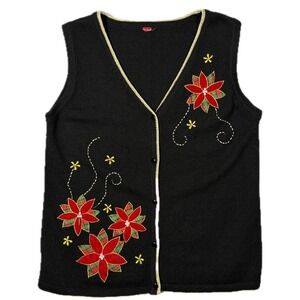 Ugly Christmas Sweater Vest Womens Black Poinsettia Embroidered Holiday